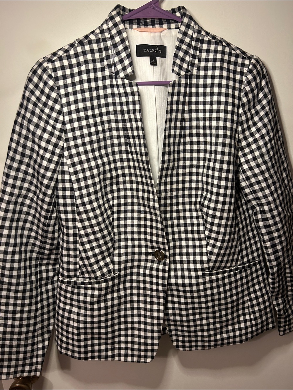 Talbots Black and White Gingham Single-Button Blazer